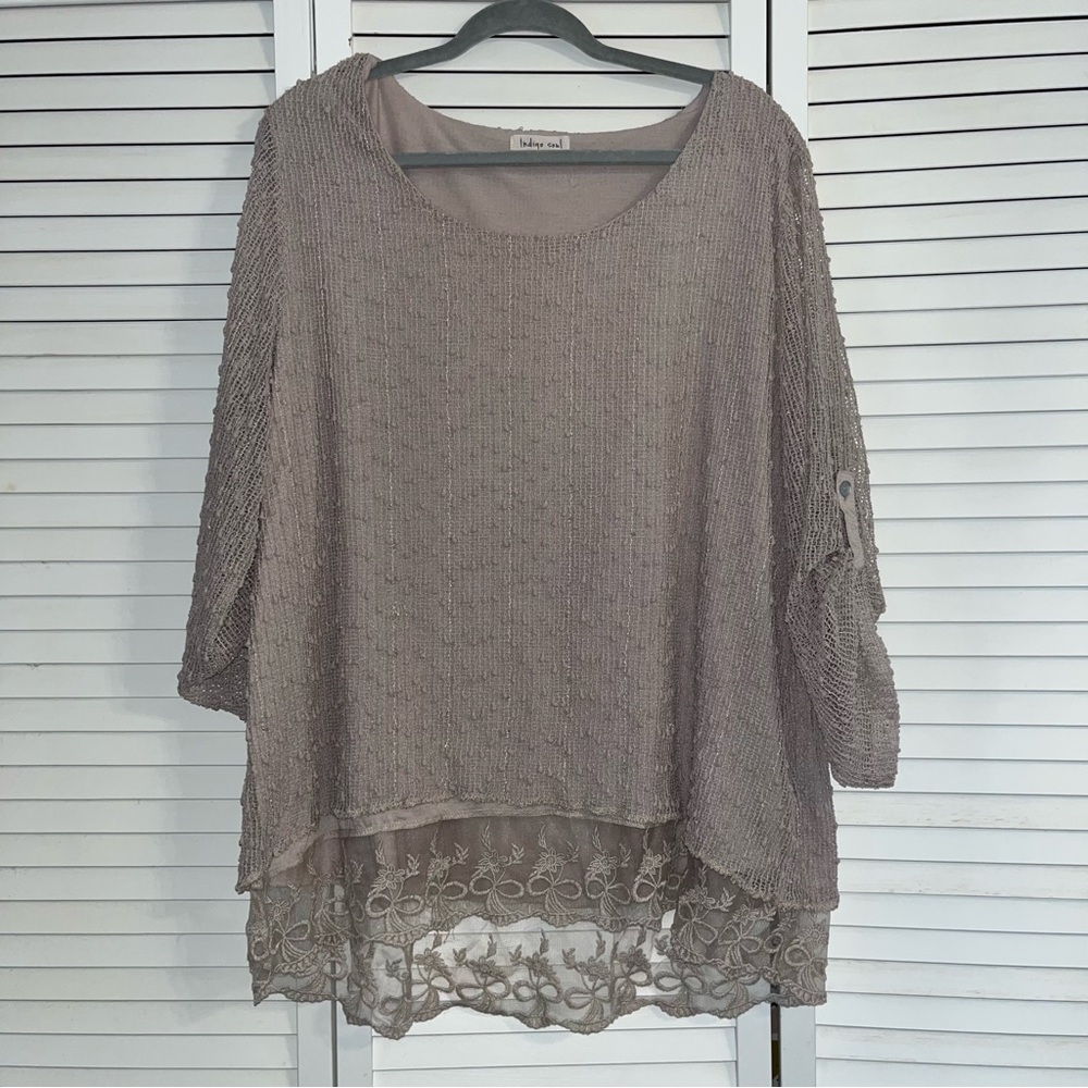 Indigo Soul / Boho Style / Tan Tunic w Lace Details / Size XL